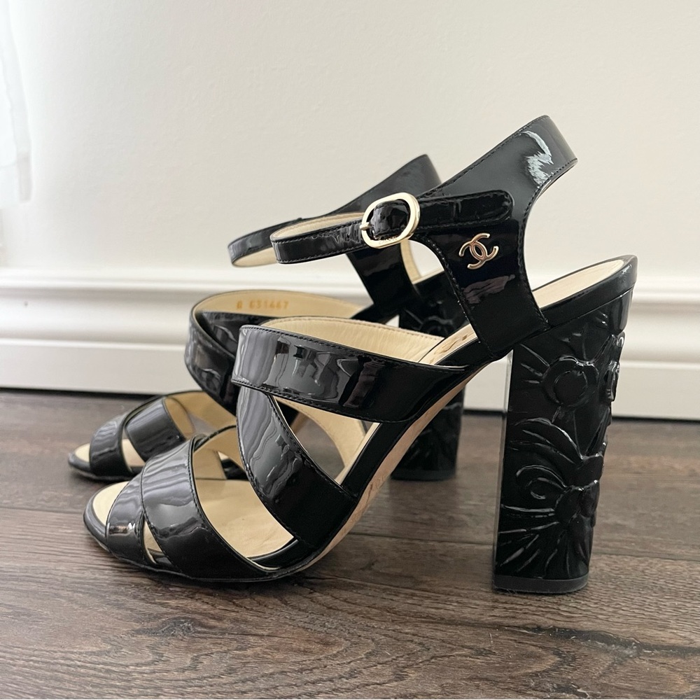 Chanel Logo Black Sculpture Heel Sandals